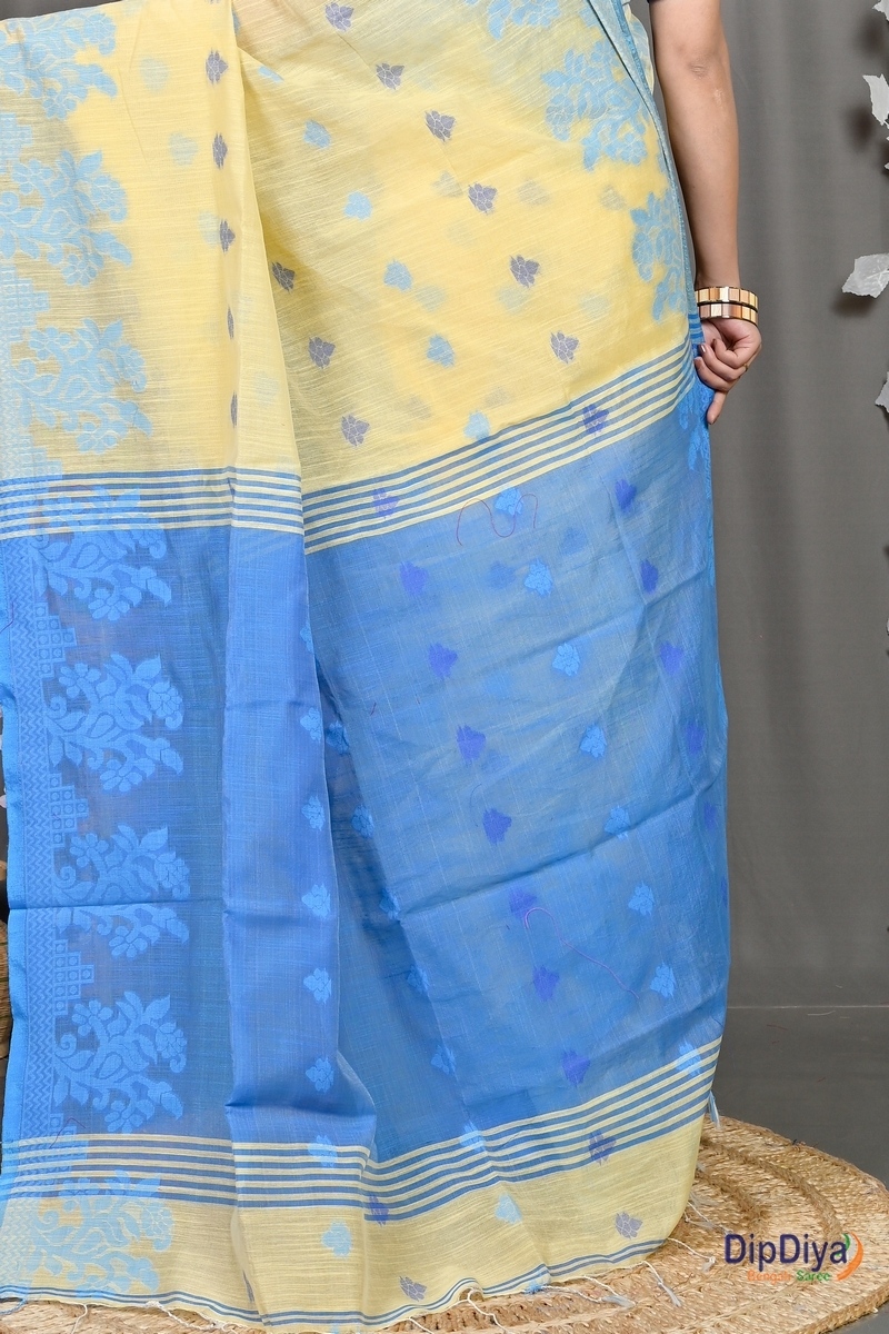 Yellow Blue Cotton Blended Parup Hand Loom Saree (557)